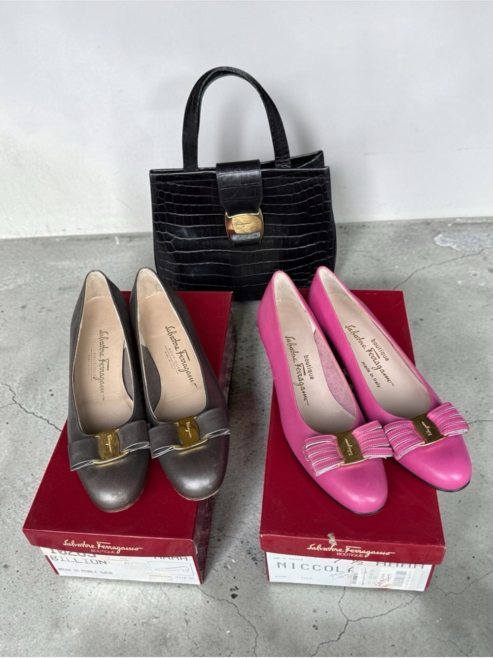 Salvatore Ferragamo 3 pc Shoes  & 1 Croc Leather Evening bag handbag Purse